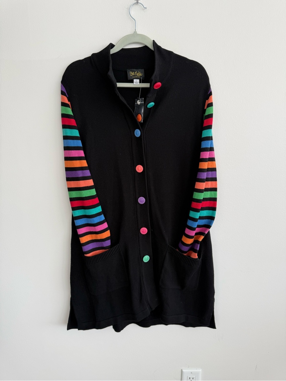 VINTAGE Bob Mackie Wearable Art Black Long Cardigan with Multicolor Sleeves NWT